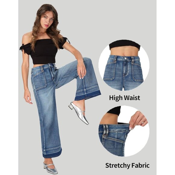 Women’s Wide Leg Jeans High Waisted Stretchy Casual Baggy Denim Pants - Picture 5 of 7